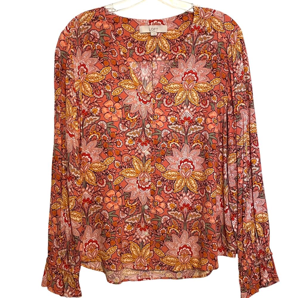 LOFT Coral Floral V-Neck Button Top Womens XL Long Sleeve Casual Career Blouse